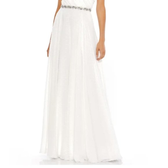 MAC DUGGAL RUFFLES ONE SHOULDER ROSETTE applique A-LINE WHITE GOWN sz 4 - Picture 4 of 5